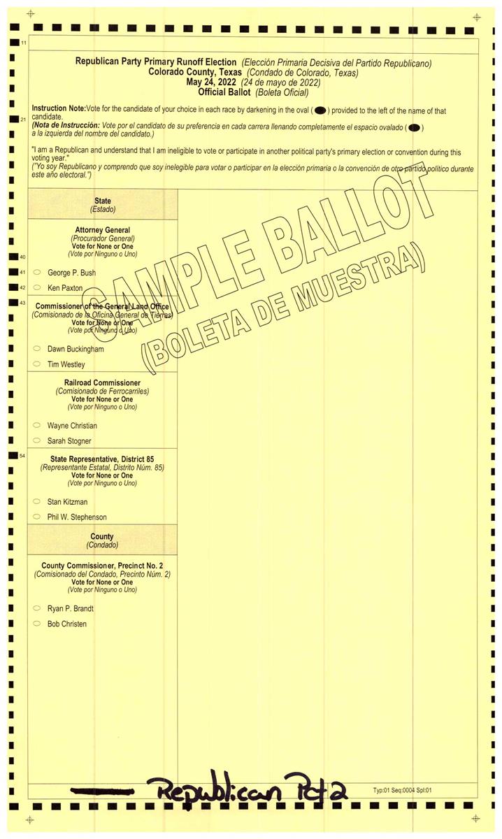 Republican Sample Ballot for May 24, 2022 Primary Runoff